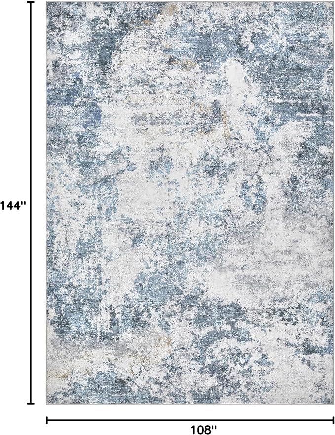 DMOYEST 9x12 Area Rug for Living Room, Washable & Non Slip Large Indoor Carpet, Kid & Pet Friendly Soft Thin Low Pile Abstract Rug for Bedroom and Office - Blue