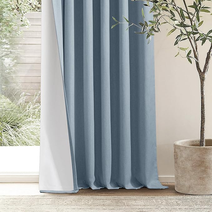Dusty Blue 100% Black Out Pinch Pleated Linen 63 Inch Curtains with Liner | Memory Trained, Thermal Insulated, Heat Blocking, Blackout Curtains for Small Window Dining Room Bedroom 2 Panels W40xL63