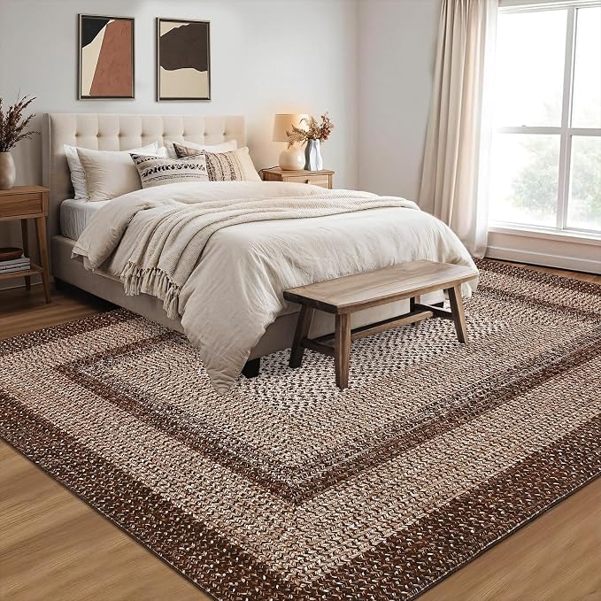 RUGSREAL 8x10 Area Rug Washable Large Living Room Rug Non Slip Farmhouse Rustic Floor Carpet Boho Accent Bedroom Rug Modern Geometric Throw Floor Cover Bohemian Border Carpet, Brown