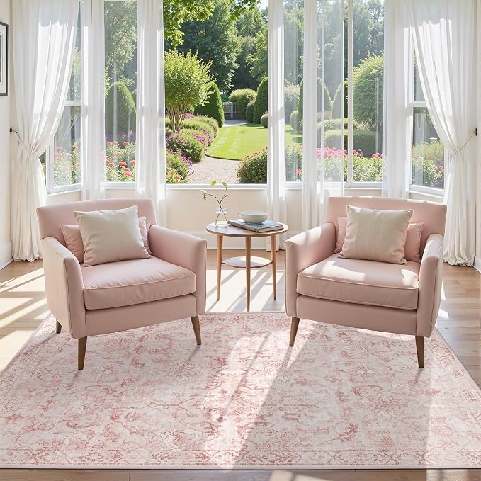 Pink Vintage Area Rug 3x5 for Living Room Bedroom, Washable Distressed Farmhouse Soft Thin Non-Shedding Indoor Throw Rug, Traditional Accent Carpet for Bedroom Office