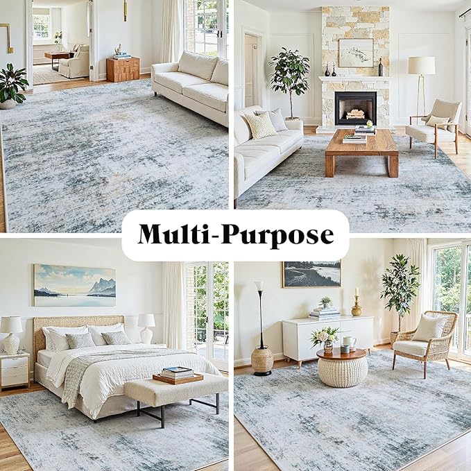 9x12 Area Rugs Washable Rug:Anti-Skid Abstract Modern Living Room Rug Soft Thin Carpets Indoor Floor Non-Shedding Carpet for Bedroom Dining Farmhouse Nursery Home Office(Blue/Grey/Gold/White, 9x12)