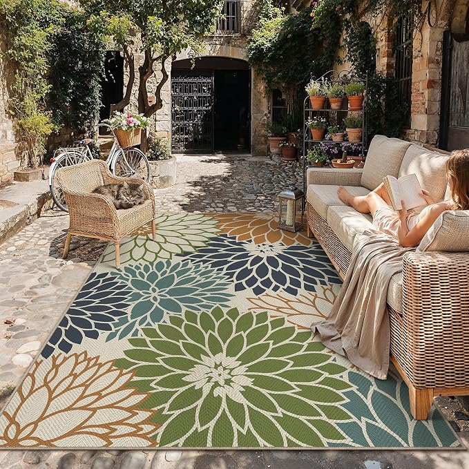 HUGEAR 5'x7' Floral Outdoor Rug Linen-Look Waterproof Colorful Floor Mat Home Decor for Camping RV Outside Area Rug Patio Deck Porch Balcony Backyard Picnic Beach Carpet