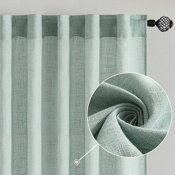MIULEE Sea Green Linen Curtains 84 Inch Length for Bedroom Living Room, Soft Thick Linen Textured Window Drapes Semi Sheer Light Filtering Back Tab Rod Pocket Burlap Look Aqua Decor, 2 Panels