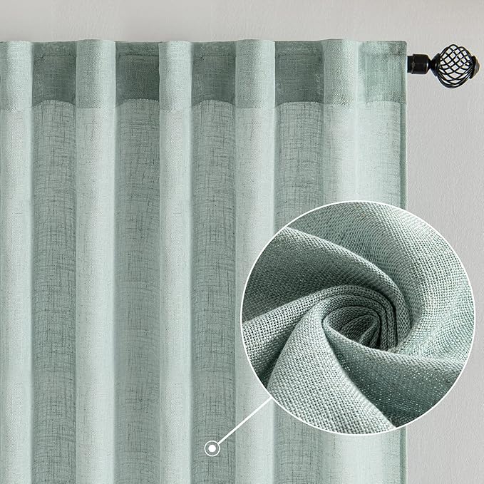 MIULEE Sea Green Linen Curtains 84 Inch Length for Bedroom Living Room, Soft Thick Linen Textured Window Drapes Semi Sheer Light Filtering Back Tab Rod Pocket Burlap Look, 2 Panels, 37x84 Inches