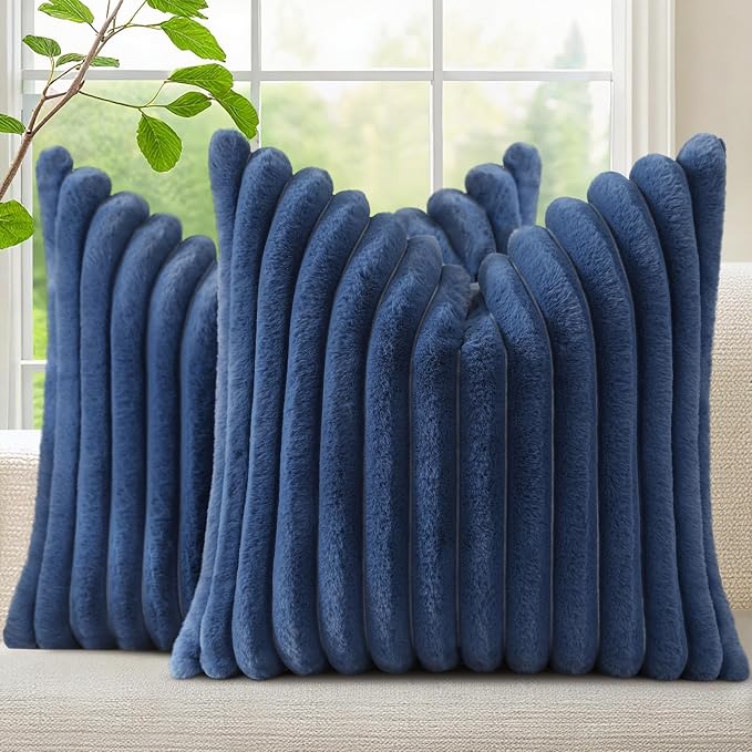 decorUhome Fall Faux Fur Throw Pillow Covers 22x22 Set of 2 Navy Blue | Decorative Soft Cozy Striped Plush Modern Farmhouse Boho Couch Pillow Cases Velvet Back for Sofa Bed Living Room Home Decor