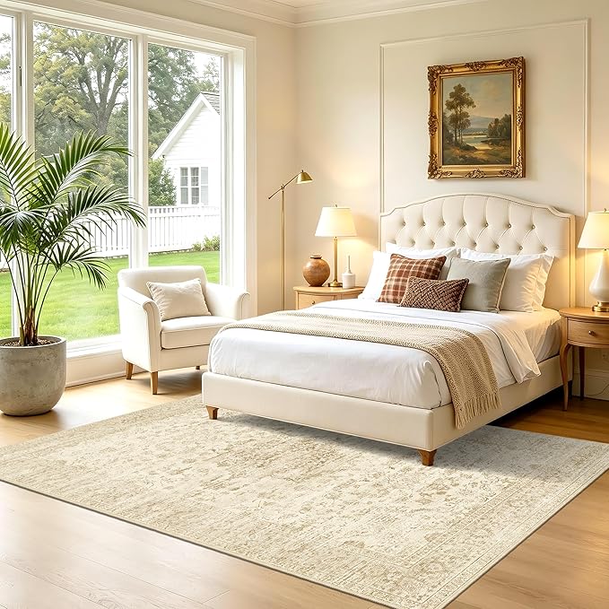 Beige Washable Rug 5x7,Non-Slip Neutral Vintage Boho Carpet Thin | Nursery Area Rug for Bedroom, Living Room and Dining Room, Low Pile with Non-Slip Silicone Backing, Non-Shedding