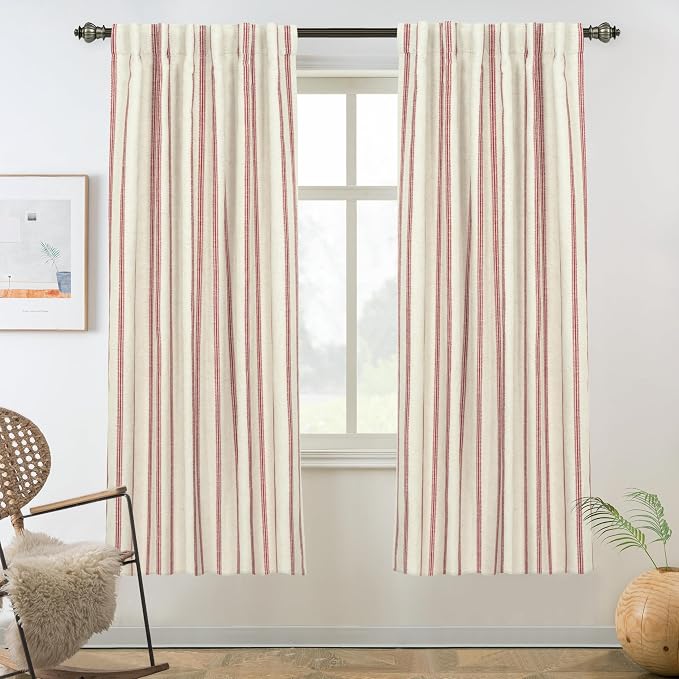 DriftAway Farmhouse Stripe Blackout Curtains, W52xL63, Red | Blackout, Linen Texture, Stripe Pattern, Rod Pocket & Back Tab, Two Layers, Bedroom Living Room Use, Sound Reducing Design