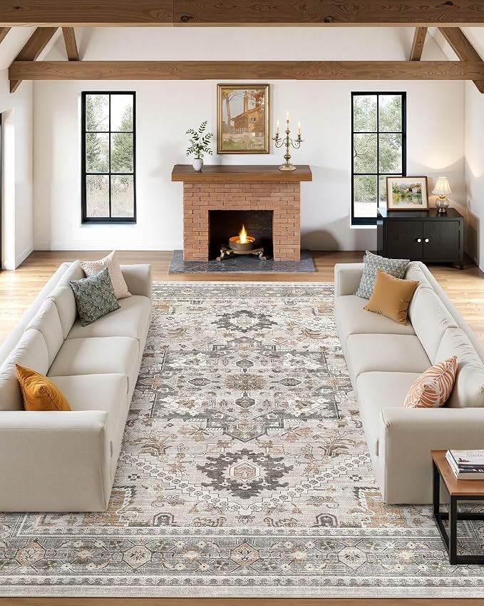 7x9 Vintage Area Rug: Washable Neutral Soft Non Slip Thin Large Floor Carpet for Living Room Bedroom Kitchen Dining Room Home Office Farmhouse Indoor - Taupe
