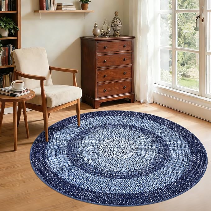 Modern Bordered Round Area Rug 4ft Washable Bedroom Circle Rugs Non Slip Stain Resistant Dining Room Round Throw Carpet Contemporary Circle Mats for Living Room Kitchen Nursery, Navy