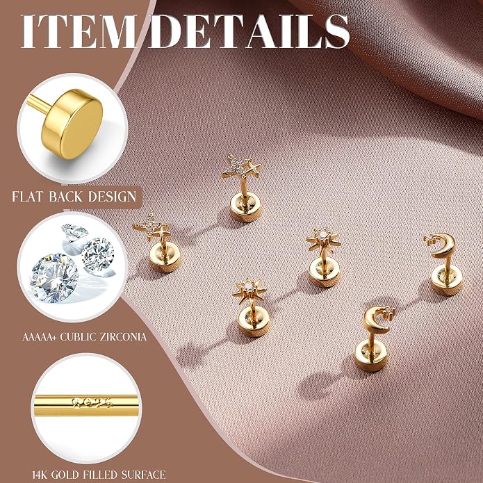 14K Gold Plated Solid 925 Sterling Silver Post Flat Back Earrings Stud | Cartilage Helix Conch Tragus Piercing Jewelry 3 Pairs Tiny Screw Dainty CZ Opal Earring Set Men Women