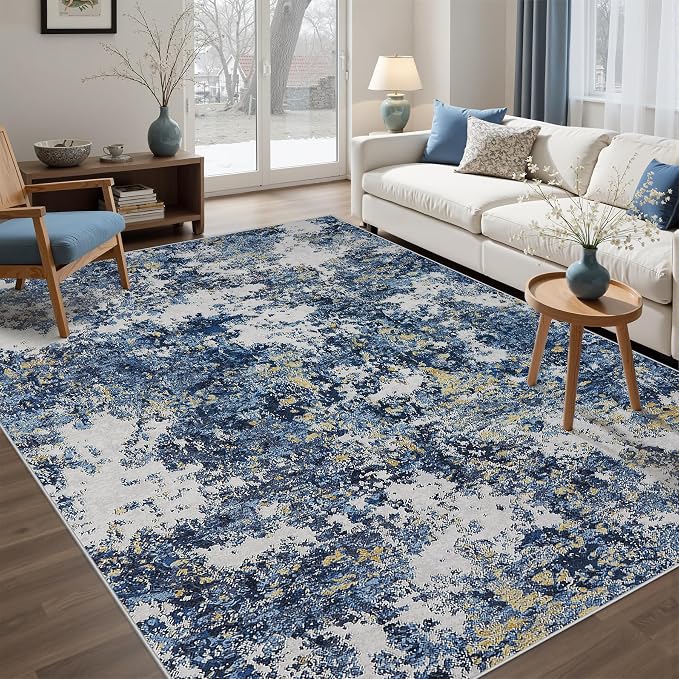 Area Rug Living Room Rugs: 5x7 Washable Rug with Anti-Slip Backing Non-Shedding Stain-Resistant Foldable Modern Abstract Carpet for Bedroom Dining Room Nursery Home Office (Blue/Multi)