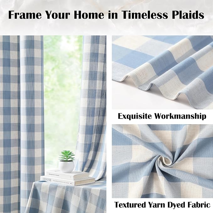 Beige-Dusty Blue Buffalo Plaid Semi Sheer Curtains 63 Inch Length | Farmhouse Buffalo Check Drapes for Bedroom Living Room,Gingham Window Treatment,Yarn Dyed Fabric,Rod Pocket,40"Wx63"Lx2