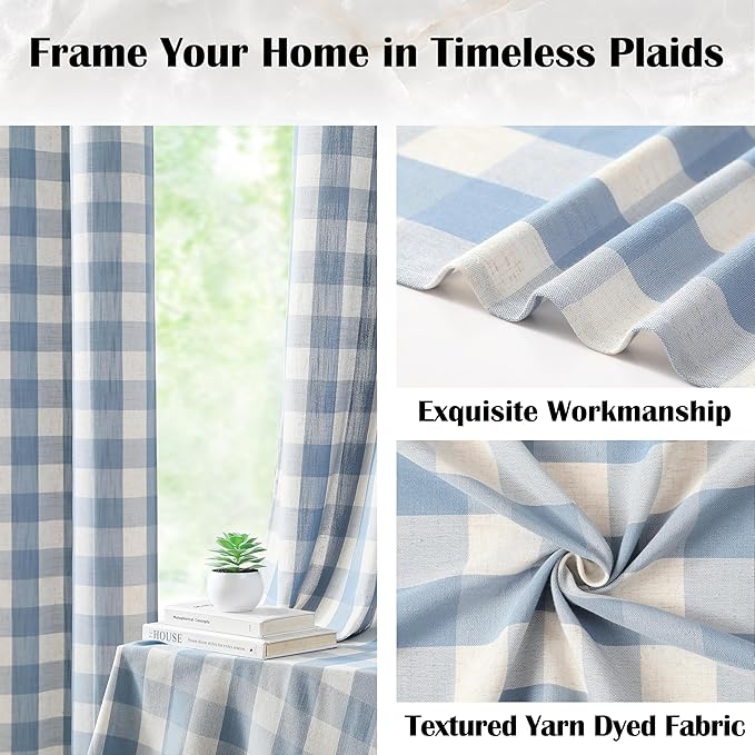 90 Inches Long Beige-Dusty Blue Buffalo Plaid Semi Sheer Curtains | Farmhouse Drapes for Living Room Bedroom,Retro Gingham Rod Pocket Window Treatment,Yarn Dyed Fabric,40"Wx90"L,2 Panels