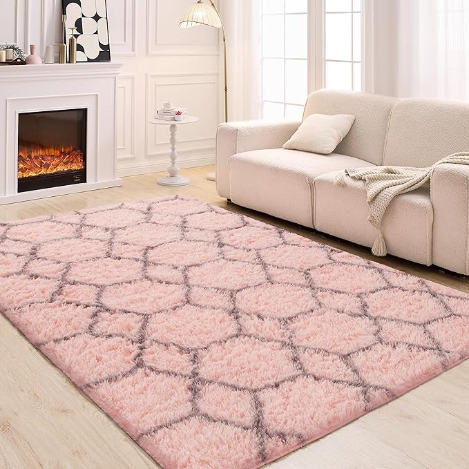 Fluffy Rug for Bedroom, Soft 6x9 Pink Shag Plush Geometric Area Rugs | Modern Pink and Grey Rug, Non Slip Carpet for Living Room, Aesthetic Home Decor, Fuzzy Floor Mat for Nursery Teen Dorm