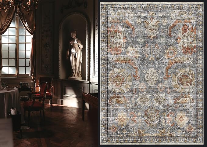RUGSURE Washable Area Rugs - Perfect for Living Room, Bedroom, Kids Room, Nursery - Stain & Water Resistant Non-Slip, Pet & Child Friendly, Vintage Tribal Area Rugs (Turmeric and Grey, 4' x 6')