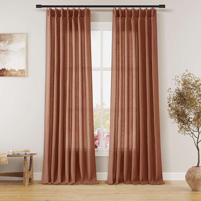 Aersas Rust Pinch Pleated Linen Curtains 90 Inches Long for Living Room Bedroom Rustic Neutral Semi Sheer Pleat Drape Back Tab Light Filtering Patio Door Curtain 2 Panels 40x90