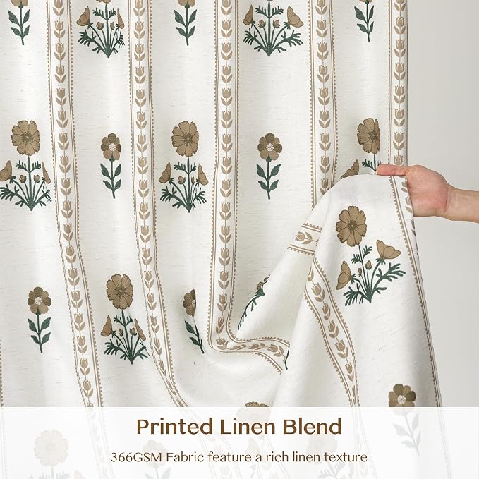 THREE GIRLS Pinch Pleated Light Filtering Linen Blend Floral Block Print Curtains for Bedroom, Dining Room, Living Room, Farmhouse, Memory Trained, Hooks, 2 Panels Set, 40"x84", Brown