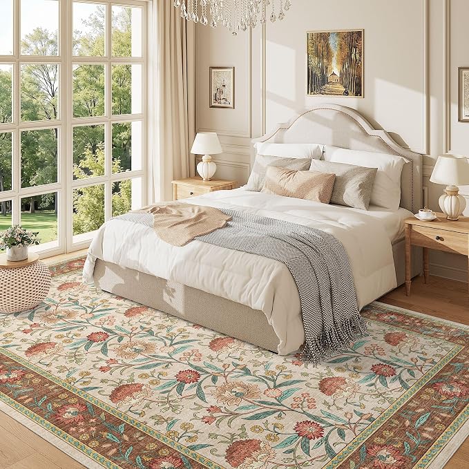 DUKINO 6x9 Area Rug, Vintage Floral Washable Rugs for Living Room, Brown | Non Slip, Low Pile, Non-Shedding, Stain Resistant Soft Large Carpet for Bedroom Home Office Dining Room Farmhouse, Home Decor