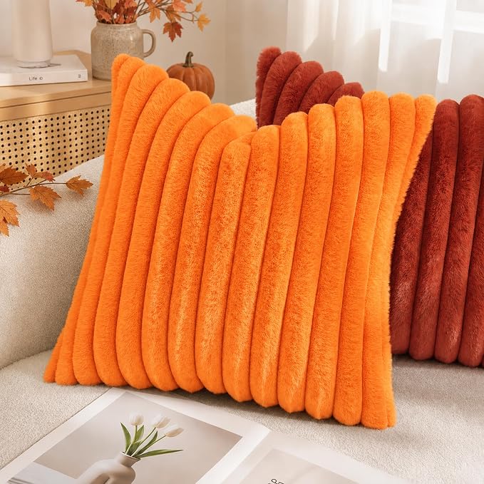 decorUhome Fall Faux Fur Throw Pillow Covers 22x22 Set of 2 Orange | Decorative Soft Cozy Striped Plush Modern Farmhouse Boho Couch Pillow Cases Velvet Back for Sofa Bed Living Room Home Decor