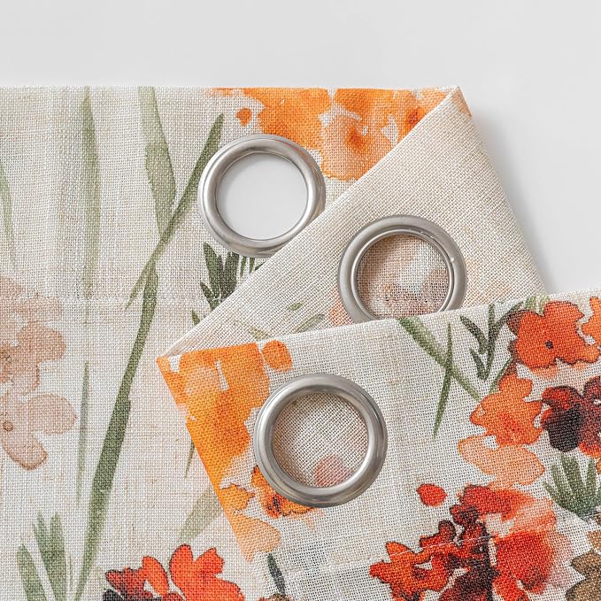 MYSKY HOME Orange Semi Sheer Floral Curtains Linen Printed Drapes,Light Filtering Flower Print Grommet for Living Room Bedroom Farmhouse Decor,52x63 Inch,2pcs