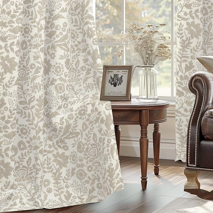DriftAway Julia 100% Blackout Curtains Grommet 2 Panels, W52xL90, Beige | Floral Curtains, Bedroom, Living Room, Linen Blend, Watercolor Pattern, 2 Layers, Thermal Insulated, Window Treatment
