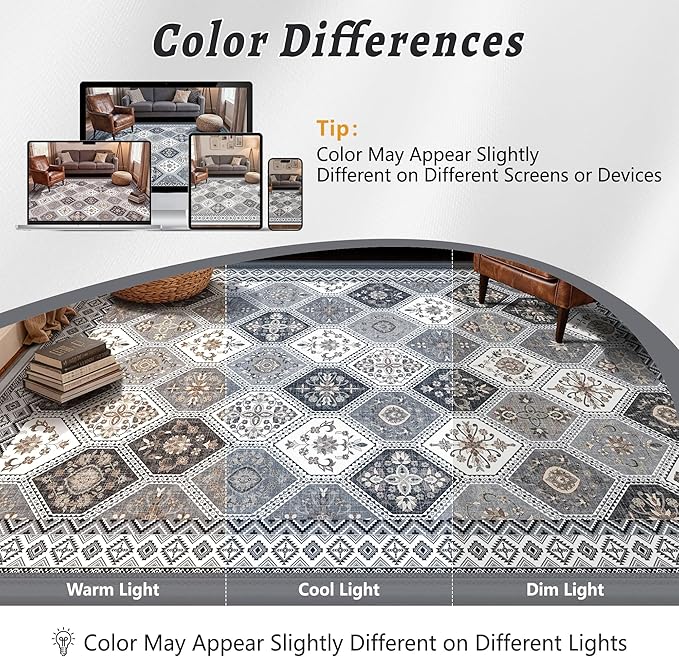 Area Rugs 9x12 Living Room, Non-Slip Vintage Boho Moroccan Rug, Gray/Gold | TTelephant Soft Low-Pile Printed Washable Area Rugs Gray Rug for Living Room, Bedroom, Dining Room
