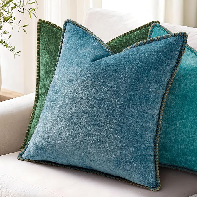 decorUhome Soft Chenille Throw Pillow Covers 26x26 Set of 2 Teal | Fall Textured Decorative Throw Pillow Cases Stitched Edge Modern Farmhouse Luxury Boho Velvet for Couch Sofa Bed Home Decor