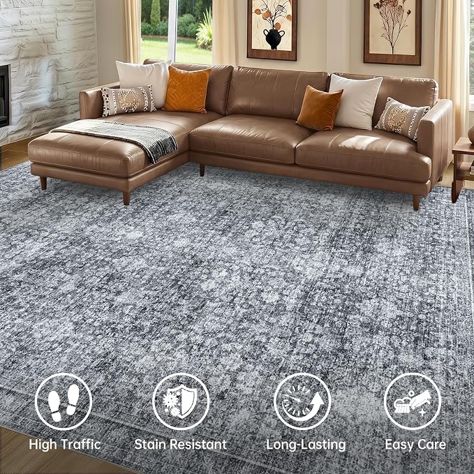 Sasttie 4x6 Area Rug, Ultra-Soft Washable Rug, Low Pile Foldable Thin Carpets with Non-Slip Backing, Skin-Friendly Stain Resistant Carpet for Living Room, Bedroom, Kitchen, Dorm, 4x6, Black Grey