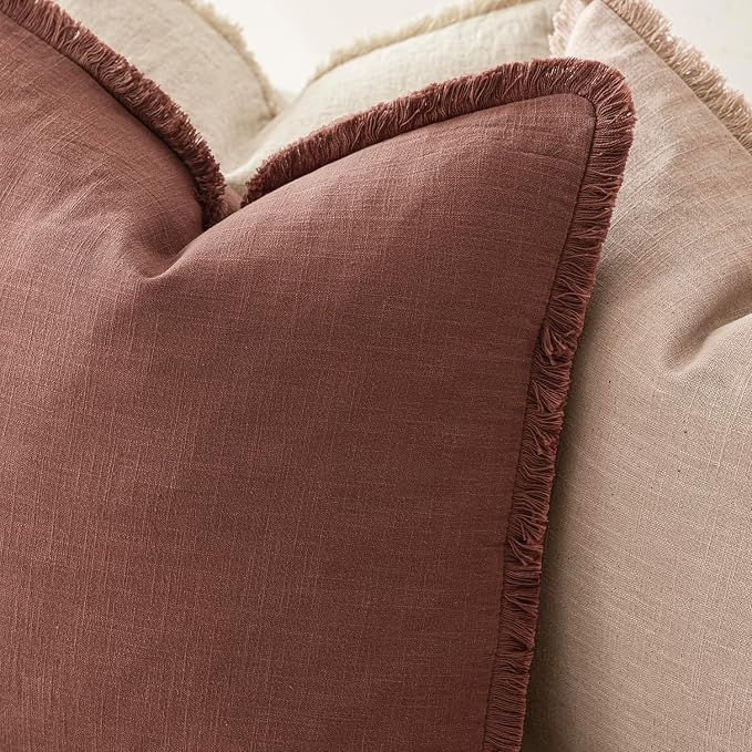 Foindtower Set of 2 Decorative Linen Fringe Throw Pillow Covers Boho Farmhouse Cushion Cover with Tassels Accent Pillowcase for Couch Chair Sofa Bed Living Room Home Decor,16×16 Inch,Rust Red
