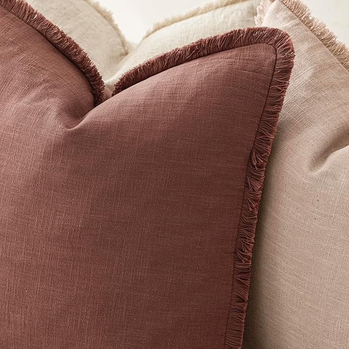 Foindtower Set of 2 Decorative Linen Fringe Throw Pillow Covers Boho Farmhouse Cushion Cover with Tassels Soft Accent Pillowcase for Couch Chair Sofa Bed Living Room Home Decor,20×20 Inch,Rust Red