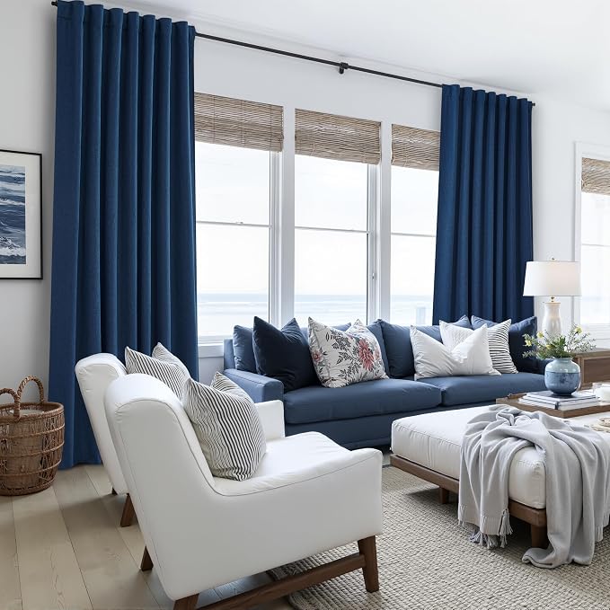 Navy Blue Blackout Curtains 92 Inch Length for Kids/Boys Rooms/Bedroom, Floor to Ceiling Track Pleated Drapes with Hooks Linen Thermal Coastal Curtain Dark Blue Window Burg 50"Wx92"Lx 2Panels Back Tab