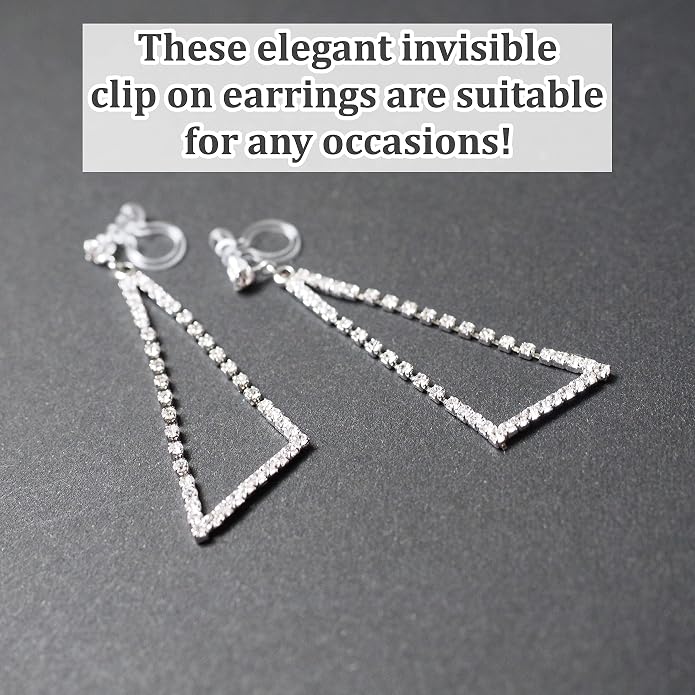 Dangle Silver Invisible Clip On Earrings for Women Not Pierced Gold Crystal Rhinestone Comfortable Hoop Fringe Long Chain Clip On Earrings
