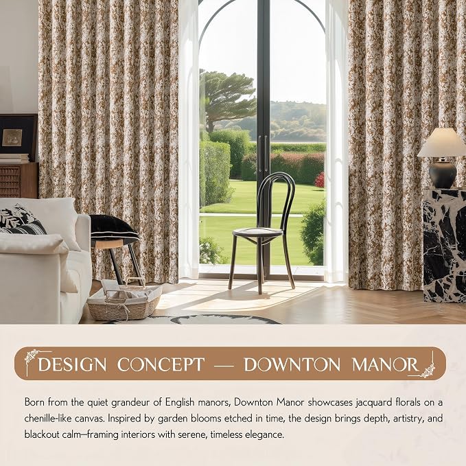 Beauoop Brown Floral Jacquard Blackout Curtains for Bedroom 52x96 2 Panels | Flower Chenille Room Darkening Drapes for Living Room 96 Inch Long Thermal Insulated Soundproof Window treatment Grommet