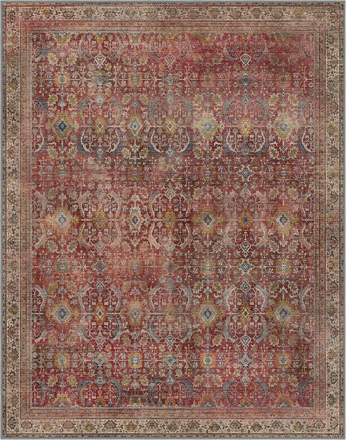 BESBLEE 3X5 Area Rugs Machine Washable Rugs for Living Room, Vintage Boho Large Rugs for Bedroom Dining Room, Non Slip Indoor Soft Distressed Lightweight Thin Low Pile Carpet, Rust Red