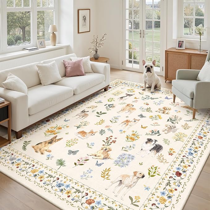 Soalmost Dog 6x9 Area Rugs for Living Room, Washable Animal Soft Rug Beige | Floral Vintage Non-Slip Low Pile Cute Throw Rugs for Kitchen Dining Room Bedroom Nursery Playroom 6' x 9'