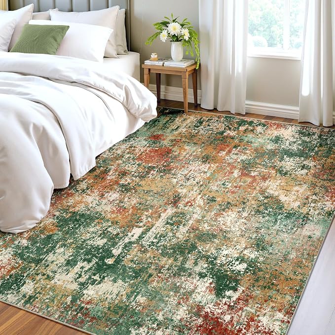 RELEANY Washable Area Rugs 7'x9' Non-Slip Modern Abstract Soft for Living Room Entryway Bedroom Kitchen, Print Pattern, Green Orange Rust Red Cream Colorful