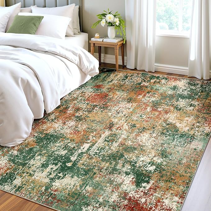 RELEANY Washable Area Rugs 6'x8' Non-Slip Modern Abstract Soft for Living Room Entryway Bedroom Kitchen, Print Pattern, Green Orange Rust Red Cream Colorful