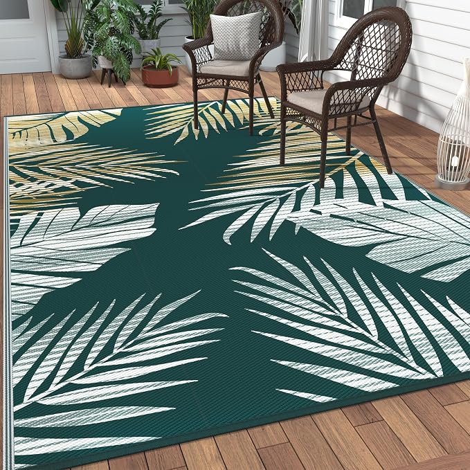 GENIMO Outdoor Rug, Waterproof Plastic Rugs for Patio, 6'x9' Lime Green | Outside Larger Leaf Carpet Mat for Porch Decor, Deck, Balcony, Camping, RV, Backyard, Picnic, Beach, Reversible, Foldable