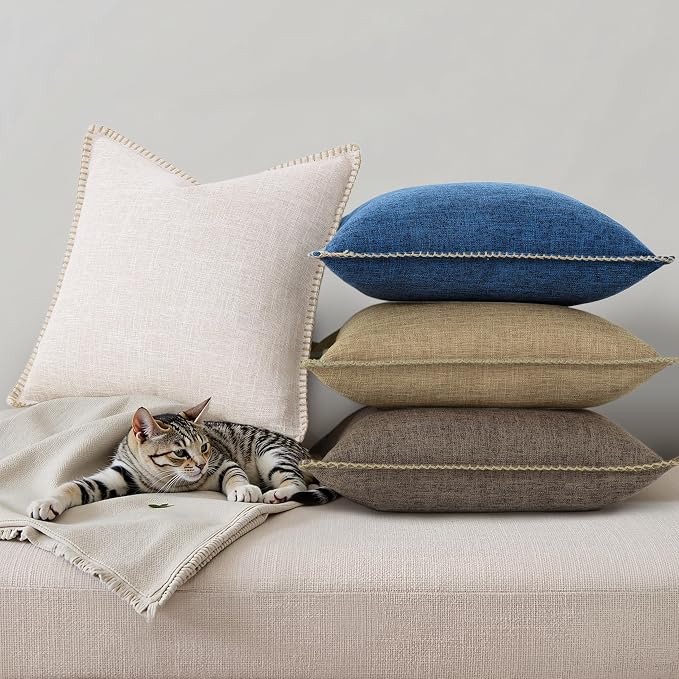 decorUhome Dark Blue Faux Linen Outdoor Throw Pillow Covers 22x22 Set of 2 | Fall Decorative Textured Neutral Modern Farmhouse Pillow Covers with Stitched Edge for Couch Sofa Bed Living Room