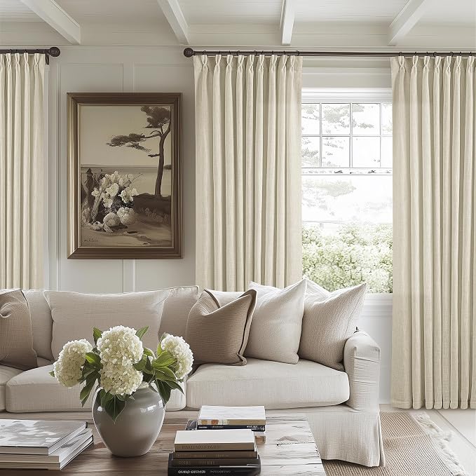 TWODRAPES 60 Inch Width 90 Inches Long Linen Pinch Pleated Curtains 1 Panel | Light Filtering Semi Sheer Privacy, Room Divider, Pinch Pleat Curtains for Sliding Door Dining Bedroom Large Window, W60xL90
