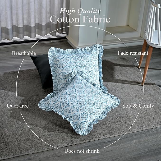 CPC Indigo Regal Hand Block Print 100% Cotton Ruffle Throw Pillow Cover 24x24 inch with Hidden Zipper Decorative for Couch, Bed, Sofa, Farmhouse, Cottagecore Decor Gift Christmas Fall Thanksgiving