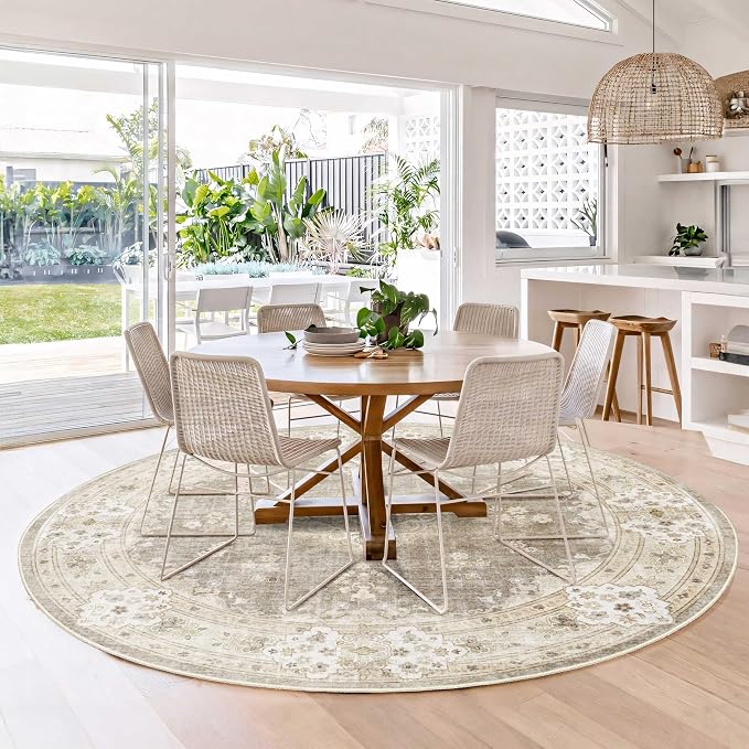 MUJOO Beige Round Rug 6ft,Circle Washable Area Rug Non Slip Low-Pile Floral | Large Circular Rugs for Bedroom Living Room Dining Room Boho Throw Carpet Soft Floor Indoor Vintage Bohemian Flowers