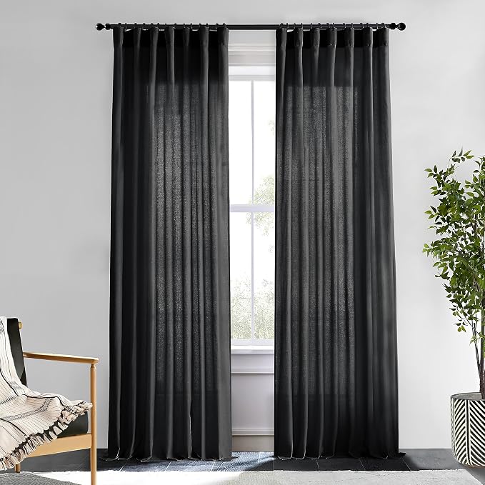 XTMYI Back Tab/Hook Belt Linen Cotton Sheer Curtains for Bedroom,2 Panels,102 Inch Length,Black 50 Inch Wide