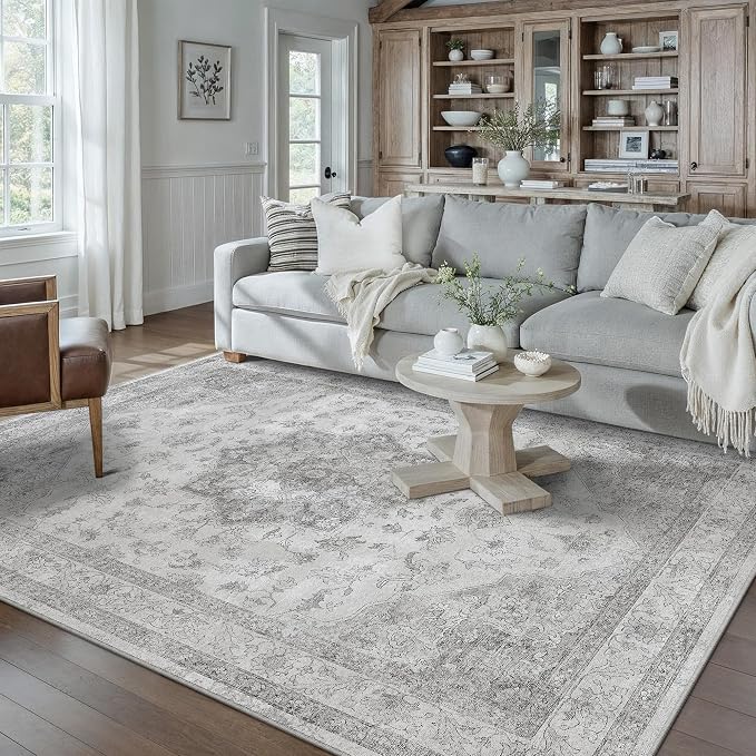 PureCozy Gray Area Rug 9x12 Washable Living Room Carpet Vintage Non Slip Soft Bedroom Indoor Office Retro Grey Low Pile Thin Oriental Medallion Large Rug for Dining Room Bathroom Playroom