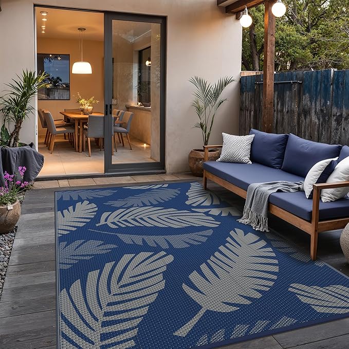 GENIMO Outdoor Rug, Waterproof Plastic Rugs for Patio, 6'x9' Blue Grey | Outside Larger Leaf Carpet Mat for Porch Decor, Deck, Balcony, Camping, RV, Backyard, Picnic, Beach, Reversible, Foldable