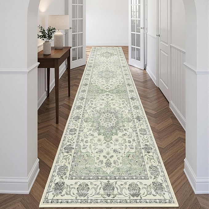 Washable Hallway Runner Rug - 3x12 Floor Carpet Rug Distressed Low Pile Mats Non Slip Soft Rugs for Dining Room with Rubber Backing Bedroom Runner with Vintage Design (Green 3x12)