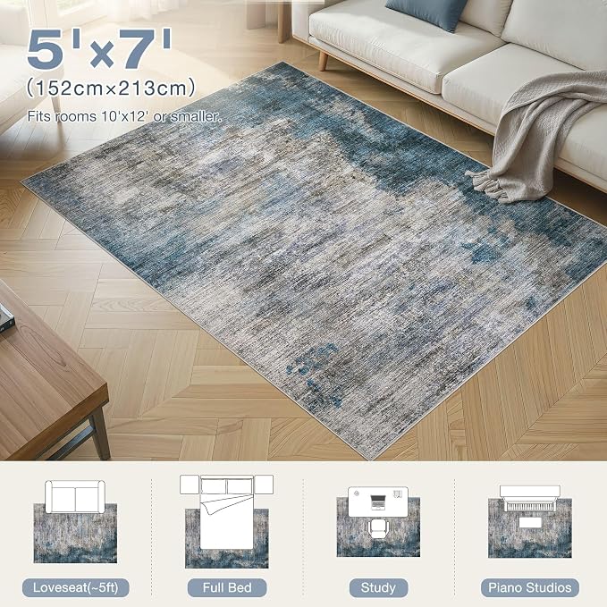 DMOYEST 5x7 Area Rug - Washable & Non Slip Indoor Rug for Living Room, Kid & Pet Friendly Abstract Low Pile Soft Carpet for Bedroom and Dining Room - Dark Grey