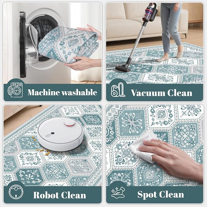 2x6 Teal Rugs, Soft Non-Slip Boho Moroccan Rug Runner, Low-Pile Printed Indoor Runners for Entryway, Hallways, Kitchen, Laundry Room, Bedside- Teal