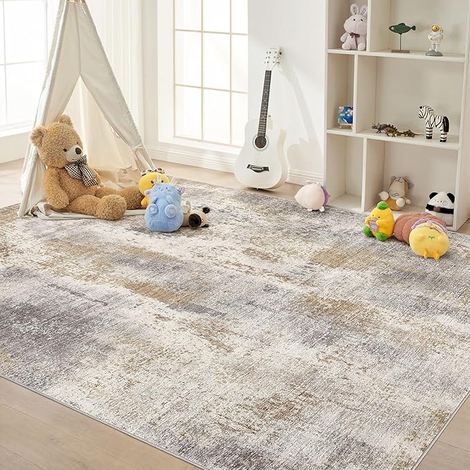 DMOYEST Area Rug Living Room Rugs - 10x12 Washable Large Soft Indoor Neutral Modern Abstract Low Pile Rug Carpet for Bedroom Dining Room Farmhouse Home Office - Brown Grey