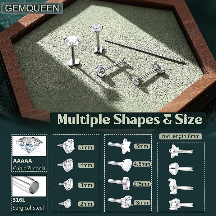 GEMQUEEN Reversible Flat Back Earrings Studs Hypoallergenic - 14K Gold Filled Surgical Steel Earring 18G Cartilage Helix Tragus Conch Piercing Jewelry Extended Internal Thread Earrings for Women Men